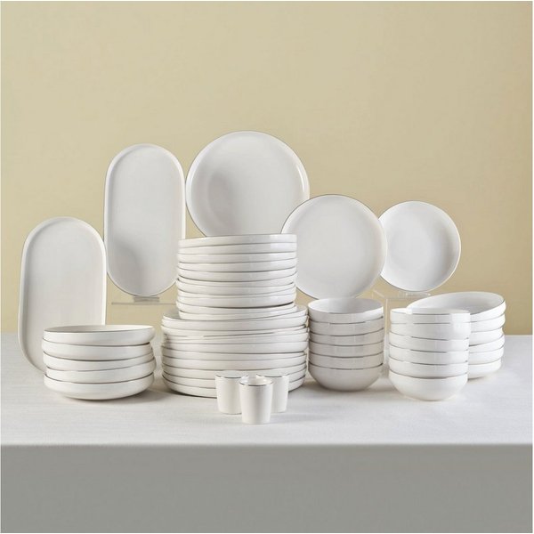 Karaca Geschirr-Set Karaca Dr.Inox Stream Bone Saturn 53 tlg Tafelservice 12 Pers Platin, 12 Personen, KNOCHENPORZELLAN, Platin