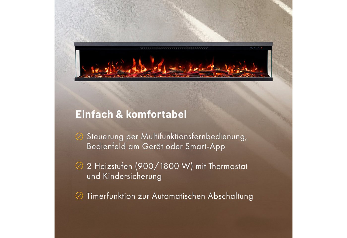 GF Core Elektrokamin Insert Wandkamin mit 3D Feuer und Heizung (Thermostat, 900- 1800 W), Elektrischer Stand-, Wand- oder Einbaukamin mit APP Steuerung, LED – Bild 4 von 5