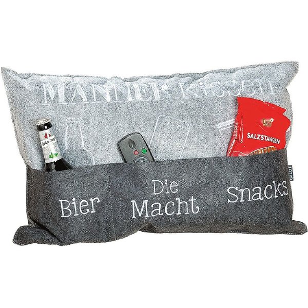 GILDE Dekokissen Männerkissen 45519 – „Bier, die Macht & Snacks“ – Grau – 60 × 39 cm