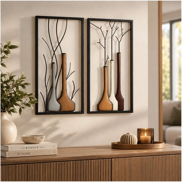 GILDE Wanddekoobjekt Wandbild Set Vase Herbst Winter MF Premium Edition 2 Teilig Metall (2 St)