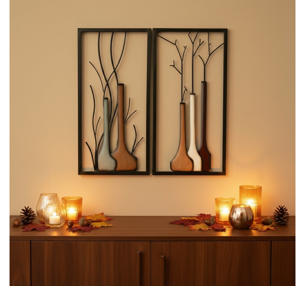 GILDE Wanddekoobjekt Wandbild Set Vase Herbst Winter MF Premium Edition 2 Teilig Metall (2 St) – Bild 2 von 5