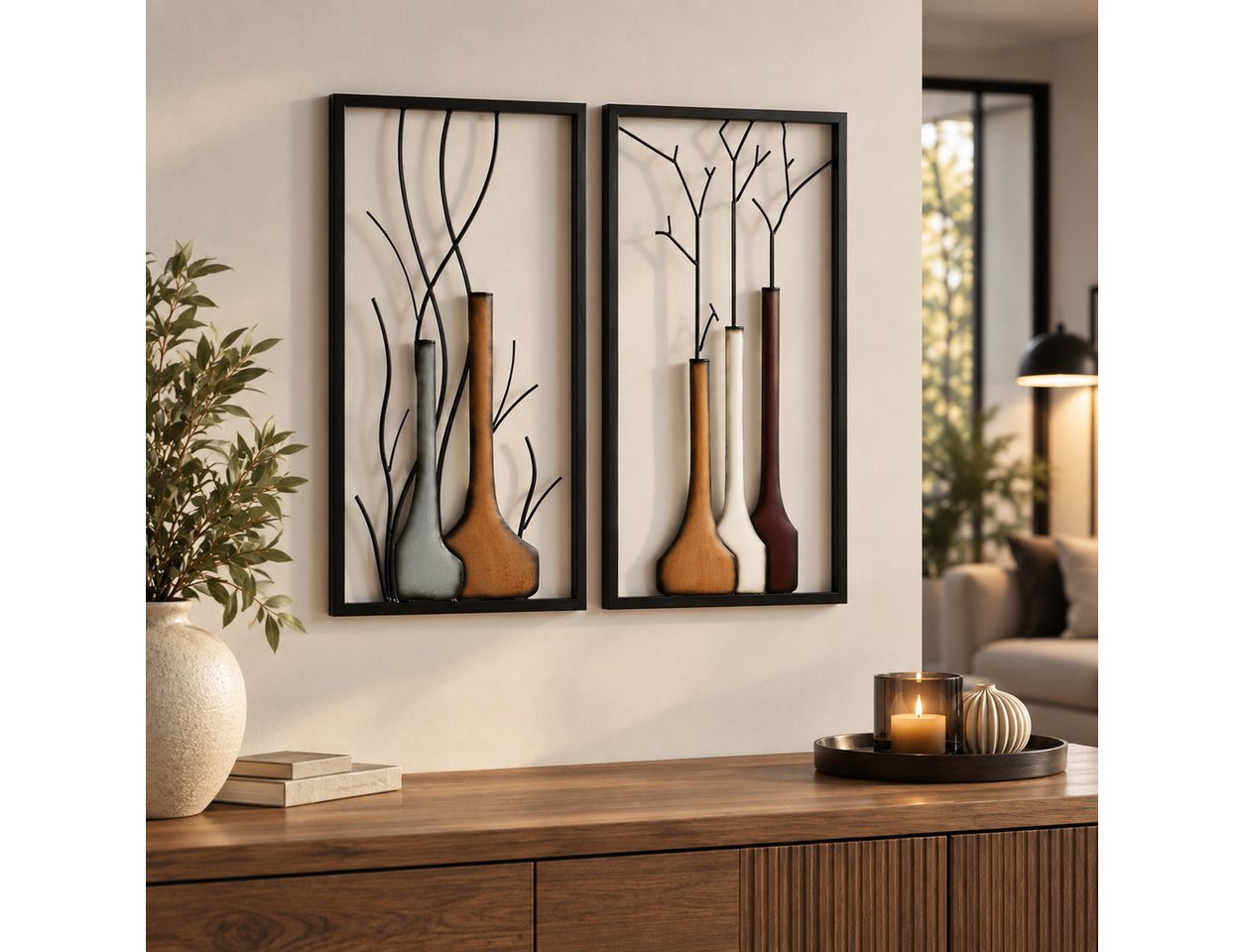 GILDE Wanddekoobjekt Wandbild Set Vase Herbst Winter MF Premium Edition 2 Teilig Metall (2 St) – Bild 4 von 5