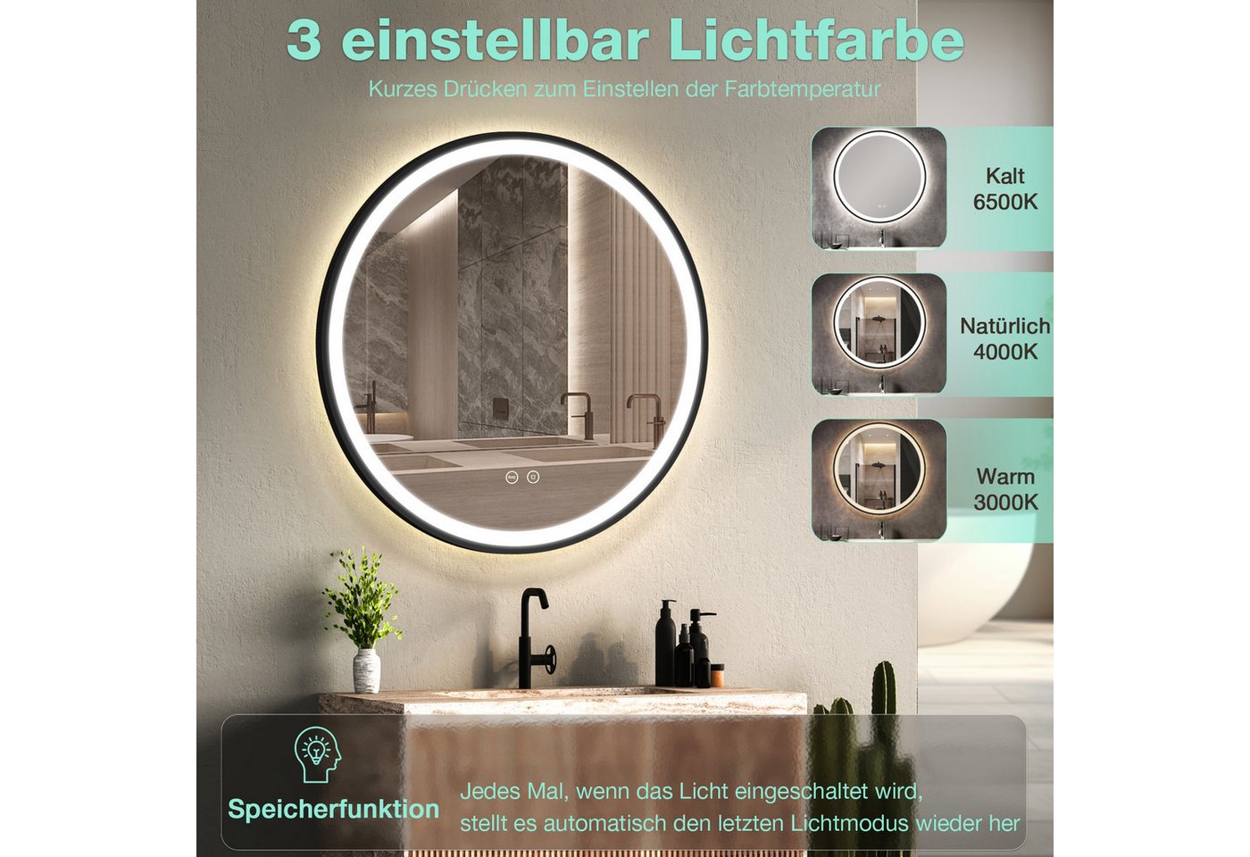 GIMBELEN Badspiegel LED-Badezimmer-Spiegel, dimmbar (1-St), Runder LED-Badezimmerspiegel 60cm, Touch, 3 Lichtfarben, antibeschlag – Bild 2 von 5