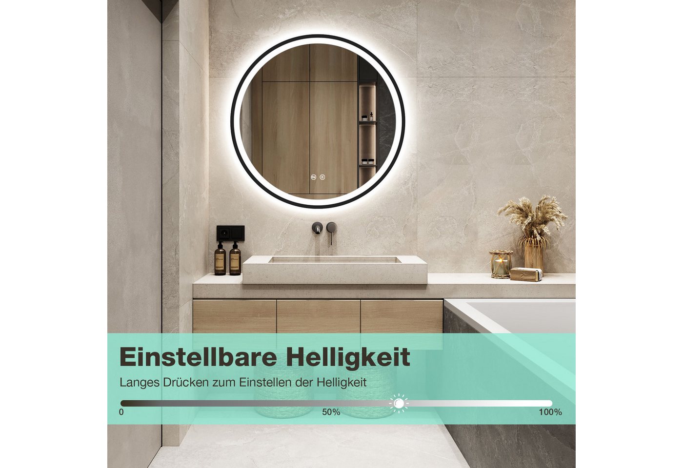 GIMBELEN Badspiegel LED-Badezimmer-Spiegel, dimmbar (1-St), Runder LED-Badezimmerspiegel 60cm, Touch, 3 Lichtfarben, antibeschlag – Bild 3 von 5