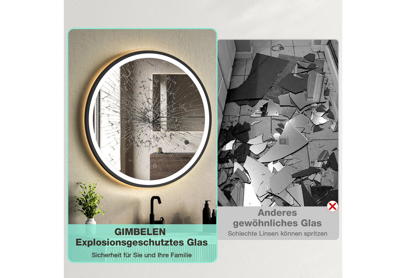 GIMBELEN Badspiegel LED-Badezimmer-Spiegel, dimmbar (1-St), Runder LED-Badezimmerspiegel 60cm, Touch, 3 Lichtfarben, antibeschlag – Bild 4 von 5