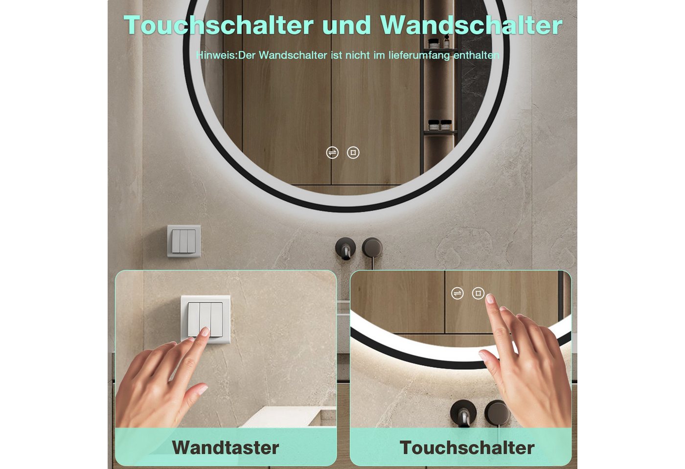 GIMBELEN Badspiegel LED-Badezimmer-Spiegel, dimmbar (1-St), Runder LED-Badezimmerspiegel 60cm, Touch, 3 Lichtfarben, antibeschlag – Bild 5 von 5
