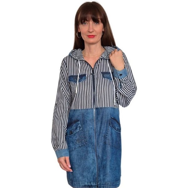 Gio Milano Blusenjacke G28-9102, in Jeansoptik und Strassbesatz 2 Wege Reißverschluss, gestreift, mit Taschen