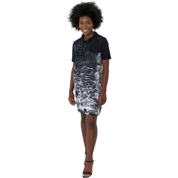 Gio Milano Sweatkleid G30-5100, mit Landschaftsdruck und Strassbesatz Stehkragen mit Tunnelzug, Strassbesatz, Saum mit Gummizug