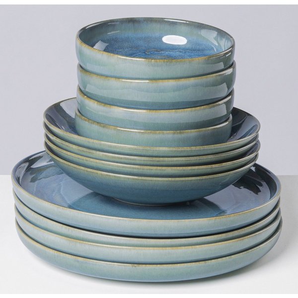 Gipfelstück Tafelservice Teller Set, Geschirr-Set, Service Tiefer See (12-tlg), 4 Personen, Steinzeug, Scandi-Style, jedes Stück ein Unikat, 12 Teile, für 4 Per