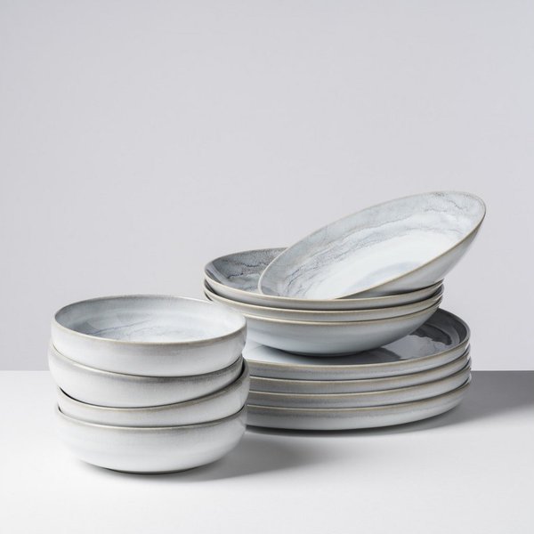 Gipfelstück Tafelservice Teller Set, Geschirr-Set, Service Tiefer See (12-tlg), 4 Personen, Steinzeug, Scandi-Style, jedes Stück ein Unikat, 12 Teile, für 4 Per