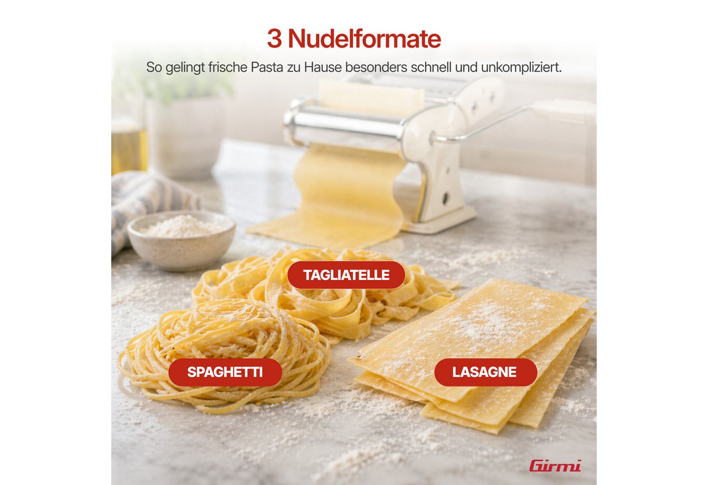 Girmi Nudelmaschine IM92, 3 Pastaformen, Edelstahl, 7 Teigstärken, Tischklemme, Aluminiumwalzen – Bild 4 von 5