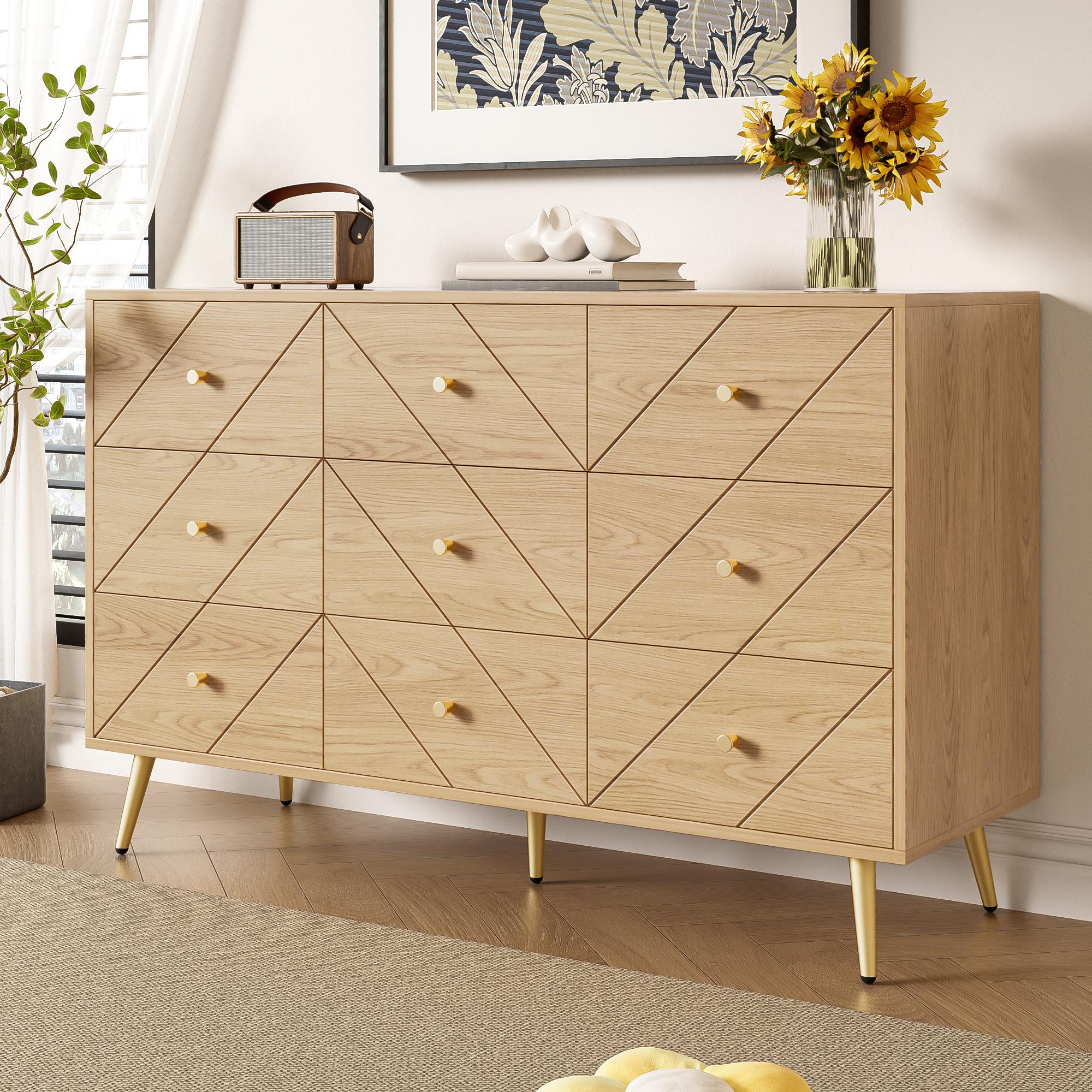 9-Schubladen-Kommode mit viel Stauraum, geometrischen Mustern, 120x39x80 cm, Naturfarbe – Bild 2 von 2