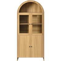 Hohes Sideboard mit Bogendecke, Glasvitrinentüren, Wellenmuste, 78x40x176 cm, Naturfarbe