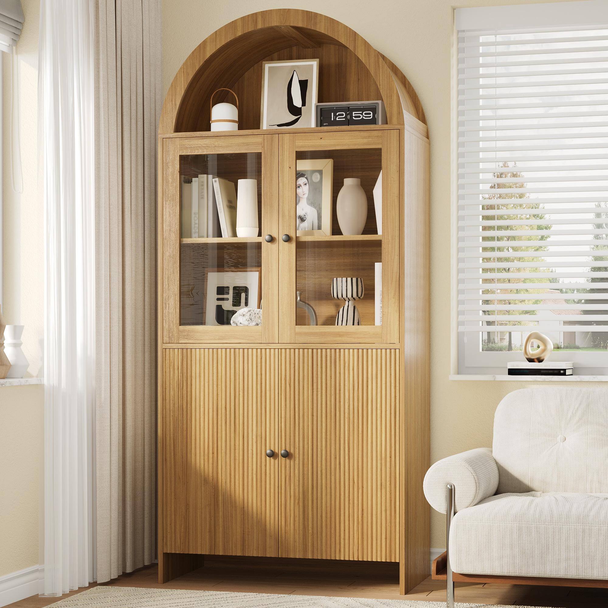 Hohes Sideboard mit Bogendecke, Glasvitrinentüren, Wellenmuste, 78x40x176 cm, Naturfarbe – Bild 2 von 2
