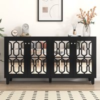 Küchenschrank, Anrichte mit Kristallgriffen und Spiegeloberfläche, Vier Türen zwei beweglichen inneren Regalen, bis 80 kg, 160 x 40 x 84 cm, Schwarz