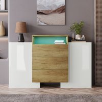 Sideboard, mit LED-Beleuchtung, zwei Türen, zwei Regalen und drei Schubladen, Modernes Design, bis 80 kg, 140 x 30 x 77,5 cm, Weiß + Holzfarbe