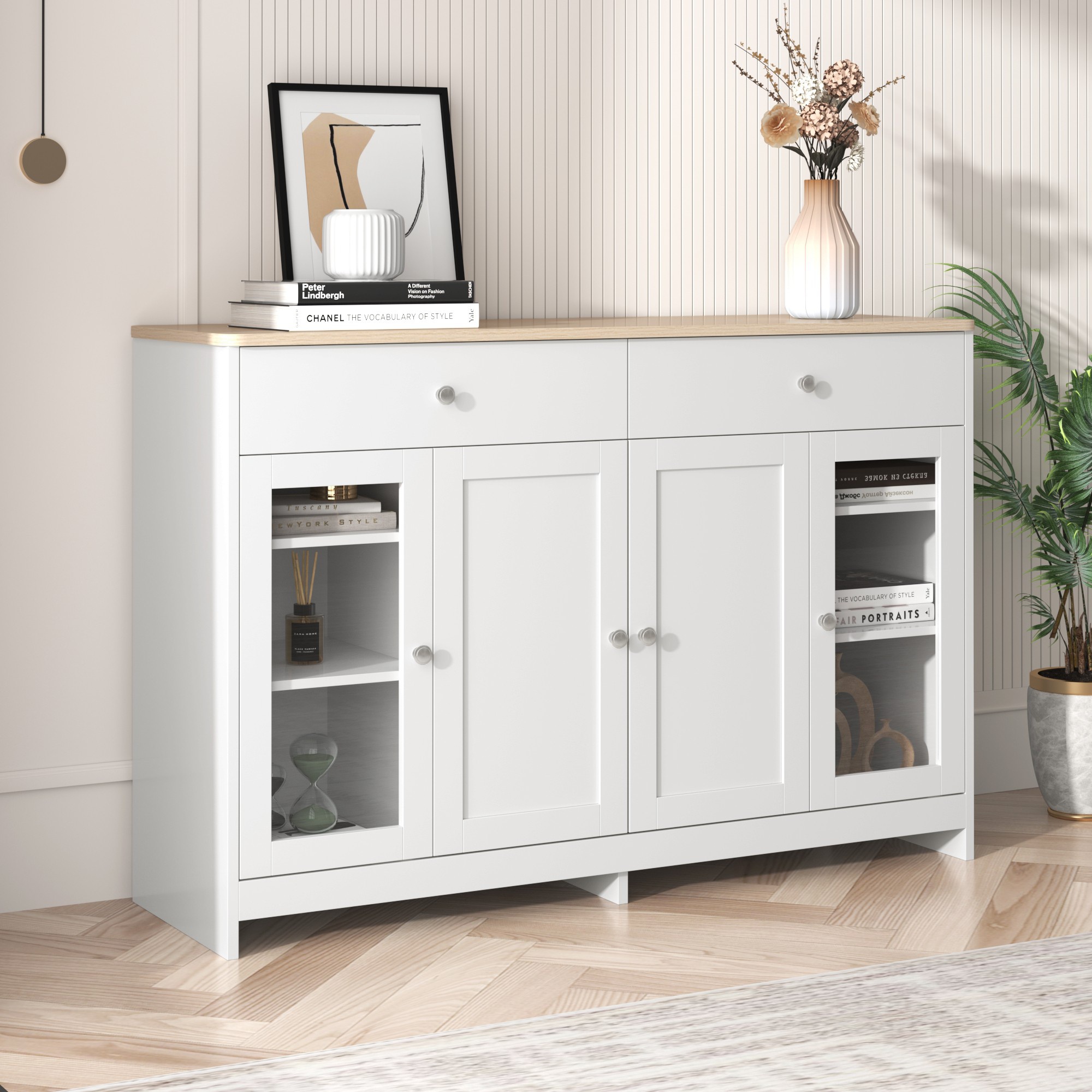 Sideboard Landhausstil, Sideboard mit viel Platz 120x80 cm Weiß Holzfarbe Aosom.de – Bild 2 von 2