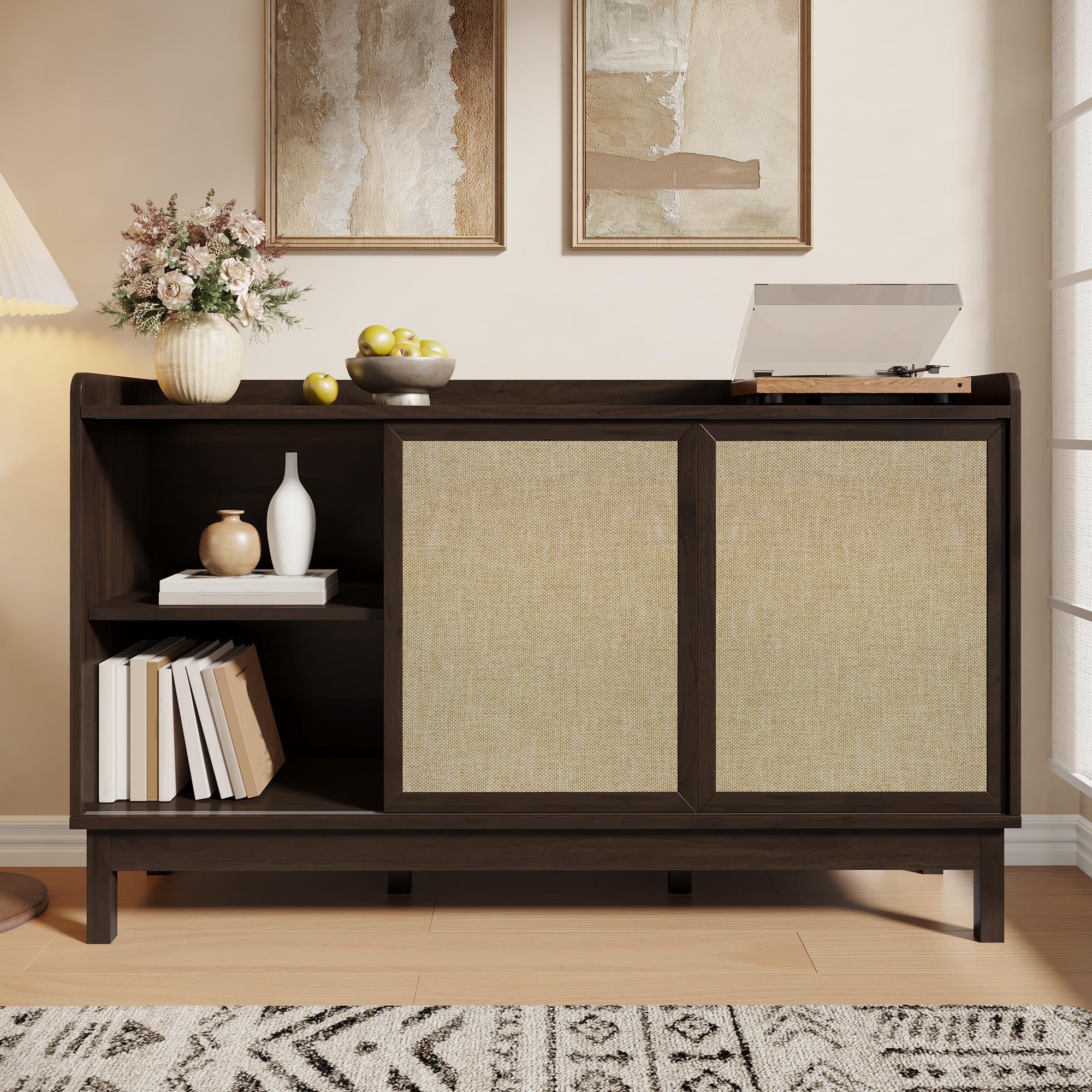 Sideboard mit Schiebetüren und Schubladen, Farbblock-Design, verstellbare Böden, 150x39,5x80 cm, Naturfarbe – Bild 2 von 2