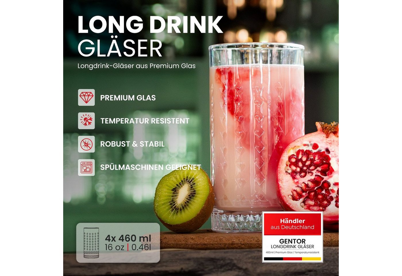 GENTOR Gläser-Set GENTOR 4er Set Longdrinkglas-Set Wasserglas Saftglas Kristallglas, 4-teilige Kristallgläser 460ml – Bild 4 von 5