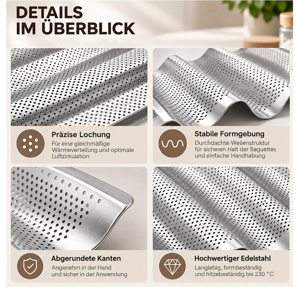 GLIESE Baguetteblech Premium Baguette mit Antihaftbeschichtung, 38 x 33 cm Brotform Brot Backen Zubehör Geschenke für Backbegeisterte – Bild 3 von 5