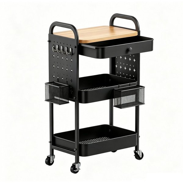 GLIESE Beistellwagen Vielseitiger Küchenwagen, Servierwagen, für Küche, Büro, Wohnzimmer, 2 Hängekörben, 4 Haken, 2 Lochplatten,1 Schublade, Bremsrollen, Griff