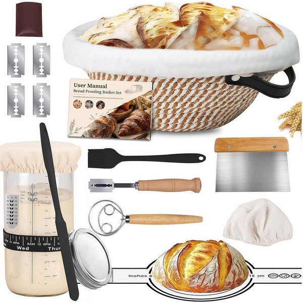 GLIESE Gärkorb 13tlg Gärkorb Set mit Brotbacken Bäckermesser Gärkörbchen Oval, (13-tlg)