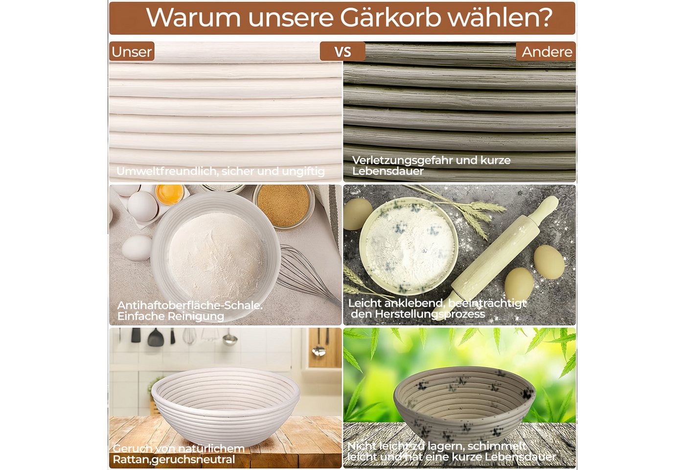 GLIESE Gärkorb Gärkorb Set mit Brotbacken Bäckermesser Gärkörbchen Oval, (Set 10-tlg), Rund Proofing Baskets 25x8 cm, 23x8,5 cm, 20x8 cm – Bild 3 von 5