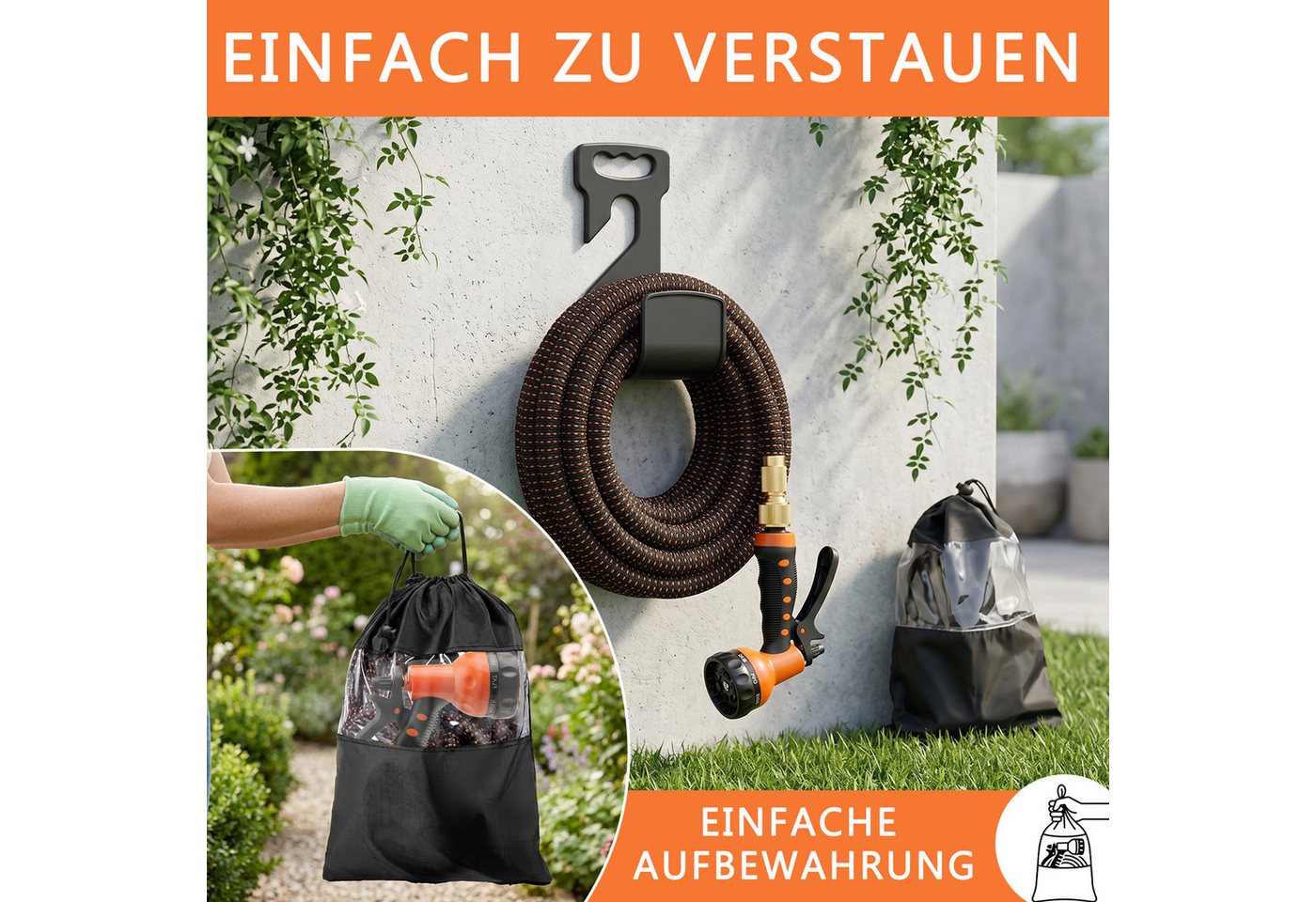 GLIESE Gartenschlauch Flexibel 22,5M mit 8-in-1 Düse, platzsparend automatisch aufrollbar, automatische Entleerung, 3750D reißfest, 8 Sprühfunktionen, Tasche &  – Bild 3 von 5