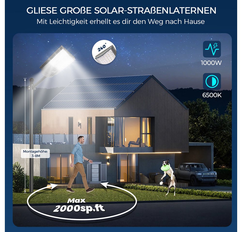 GLIESE LED Solarleuchte LED Straßenlampe mit Daemmerungssensor, mit Fernbedienung, 1000W, LED, Tageslichtweiß, Wasserdicht IP65 für Parkplatz, Garten, Hof, Stra – Bild 5 von 5