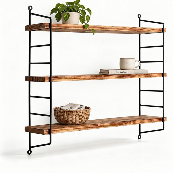 GLIESE POWER Wandregal 3-stufig – 57,8x22,5 cm, Stahl, stabil & stilvoll für Wohnzimmer, 17-tlg., Platzsparend, 5 kg Tragkraft, Massivholz & Metall – vielseitig