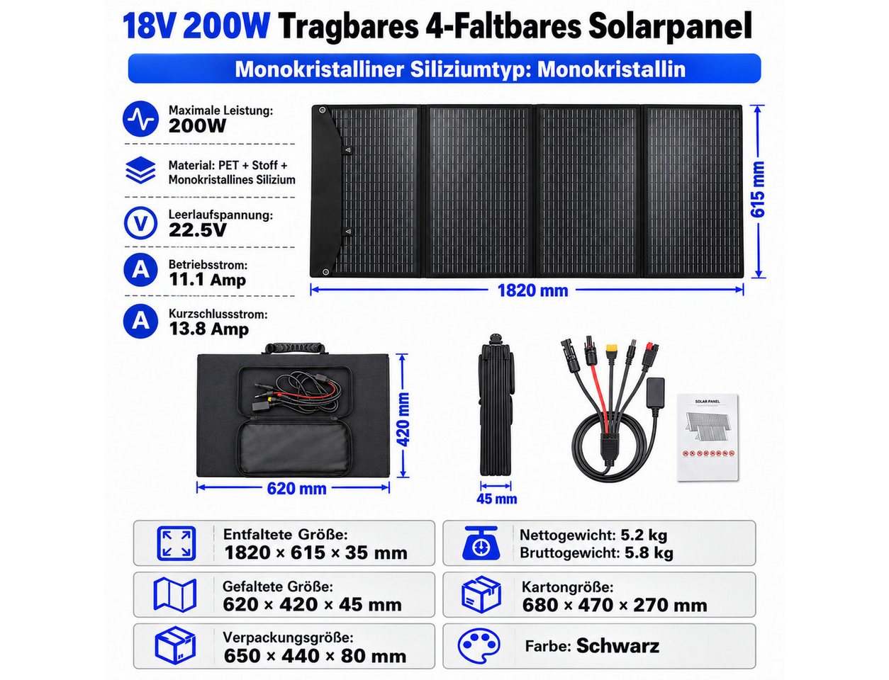 GLIESE Solarmodul 200W 18V – Faltbar, 5,2 kg, 4-in-1 Kabel, für Camping & Powerstation, Kompatibel mit 12V/24V Kraftwerken, Kühlboxen, Laptops,kleines Faltmaß – Bild 2 von 5