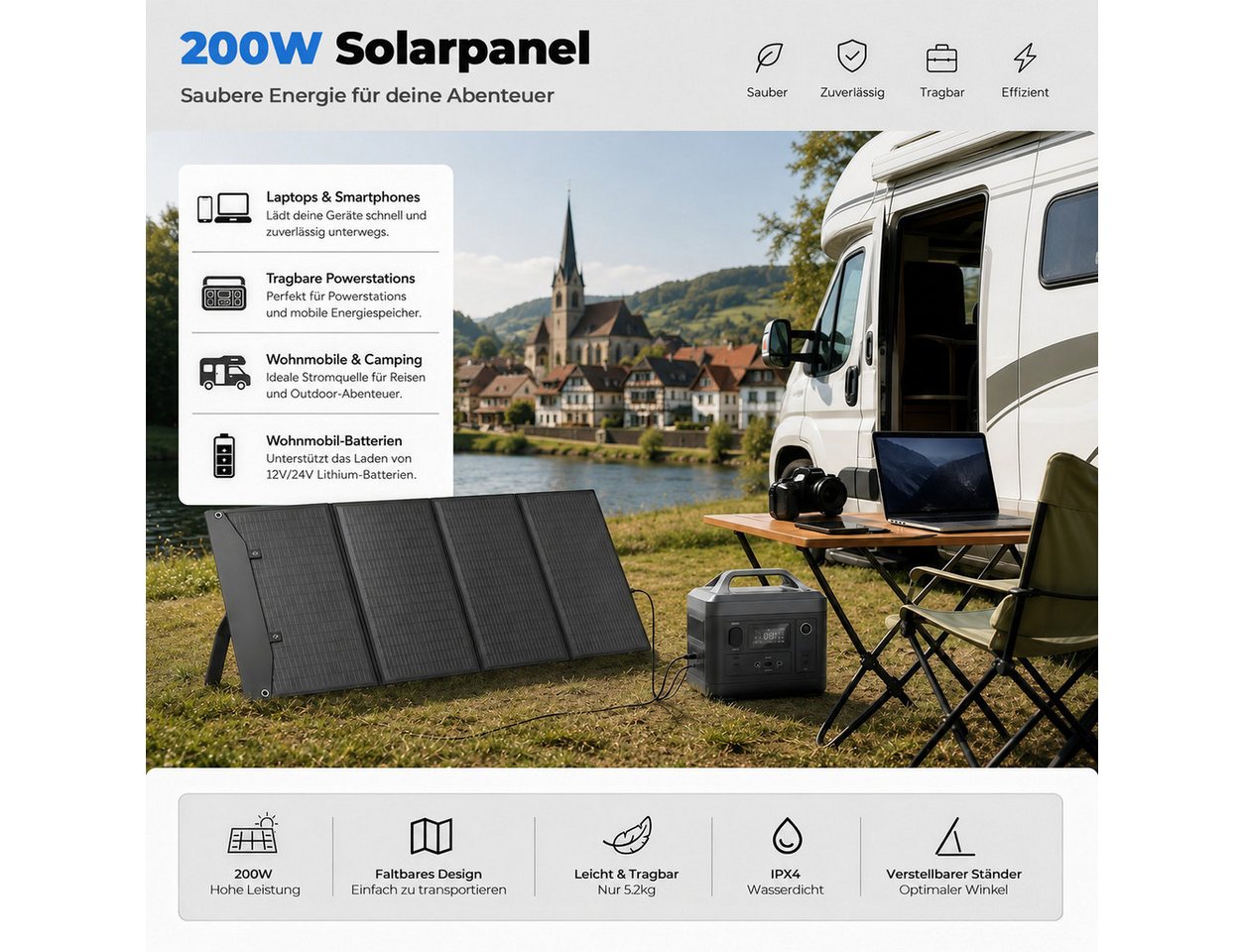 GLIESE Solarmodul 200W 18V – Faltbar, 5,2 kg, 4-in-1 Kabel, für Camping & Powerstation, Kompatibel mit 12V/24V Kraftwerken, Kühlboxen, Laptops,kleines Faltmaß – Bild 3 von 5