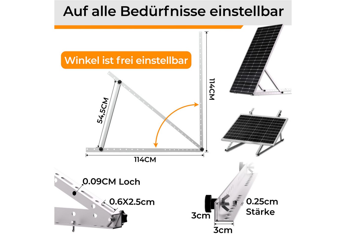 GLIESE Solarmodul-Halterung Solarmodule Halterung balkonkraftwerk halterung Neigungswinkel 0-90°, (bis 45 Zoll, 4-tlg., 114cm Solarmodule Halterung, für Balkonk – Bild 2 von 5