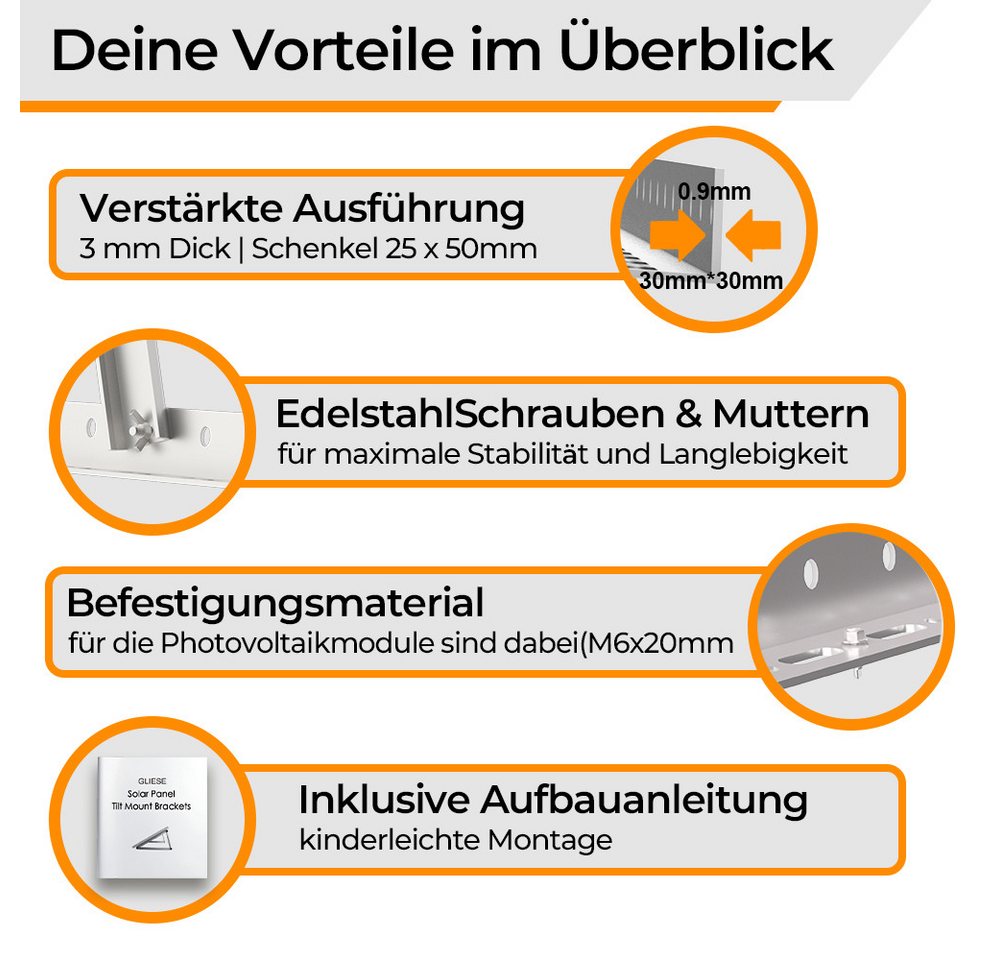 GLIESE Solarmodul-Halterung Solarmodule Halterung balkonkraftwerk halterung Neigungswinkel 0-90°, (bis 45 Zoll, 4-tlg., 114cm Solarmodule Halterung, für Balkonk – Bild 4 von 5