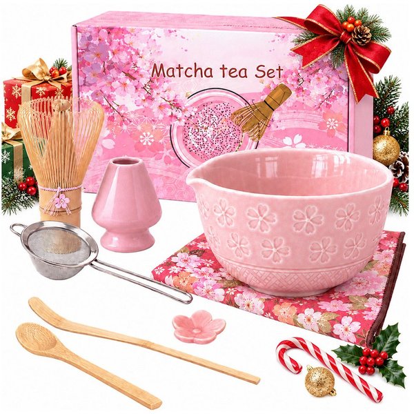 GLIESE Teeservice Matcha Set (8-teilig) Keramik, Bambus-Besen, Schale & Zubehör (8-tlg), Keramik-Matcha-Schal, Edelstahl-Sieb,Bambus-Matcha-Besen,Bambus-Chashak