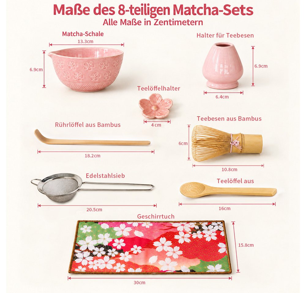 GLIESE Teeservice Matcha Set (8-teilig) Keramik, Bambus-Besen, Schale & Zubehör (8-tlg), Keramik-Matcha-Schal, Edelstahl-Sieb,Bambus-Matcha-Besen,Bambus-Chashak – Bild 2 von 5