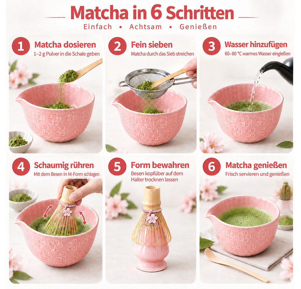 GLIESE Teeservice Matcha Set (8-teilig) Keramik, Bambus-Besen, Schale & Zubehör (8-tlg), Keramik-Matcha-Schal, Edelstahl-Sieb,Bambus-Matcha-Besen,Bambus-Chashak – Bild 3 von 5