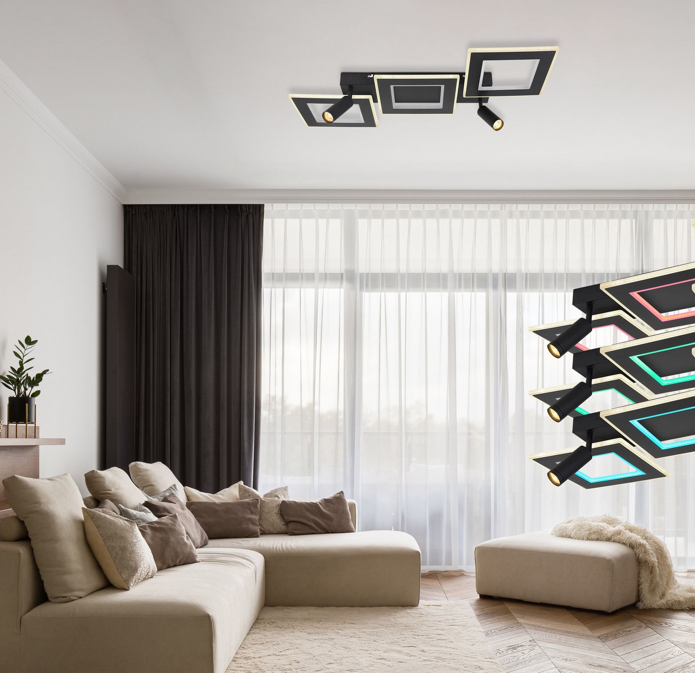GLOBO LIGHTING Deckenleuchte MARIAN, LED fest integriert, Schwarze Deckenleuchte mit RGB Farbwechsler, Strahler drehbar – Bild 2 von 5