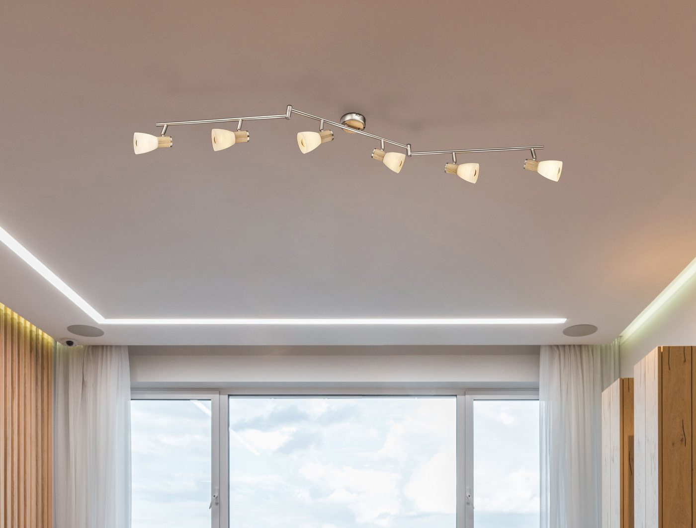 GLOBO LIGHTING Deckenspot GYLFI, ohne Leuchtmittel, Strahler Nickel/Holz, Glas opal/gestreift, E14 – Bild 2 von 4