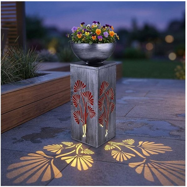 GLOBO LIGHTING Gartenleuchte, LED-Leuchtmittel fest verbaut, Warmweiß, Dekosäule mit Pflanzschale und Beleuchtung Solar Säulenleuchte Außen