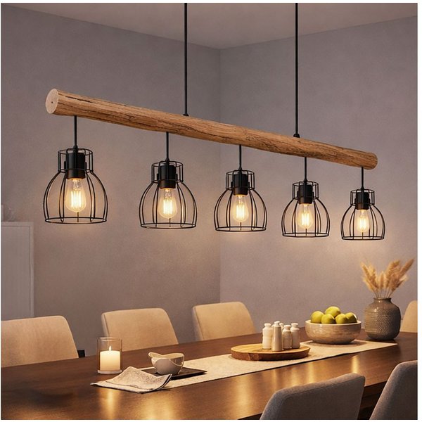 GLOBO LIGHTING Hängeleuchte, Leuchtmittel inklusive, Warmweiß, LED Decken Hängelampe Holzbalken Design Pendelleuchte 5 flammig