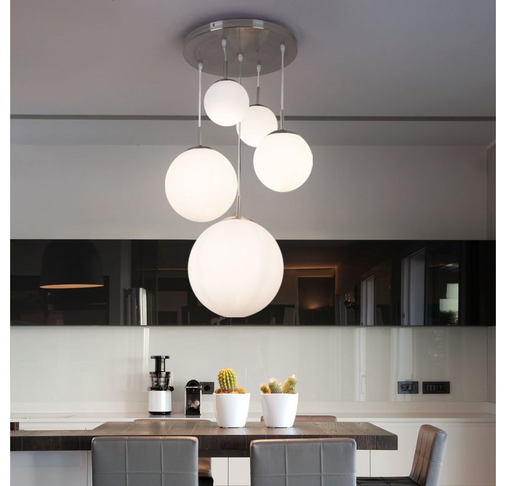GLOBO LIGHTING Hängeleuchte, Leuchtmittel nicht inklusive, Hängeleuchte Wohnzimmerlampe 5-flammig Glas Schirm Kugel silber H 90cm – Bild 3 von 5