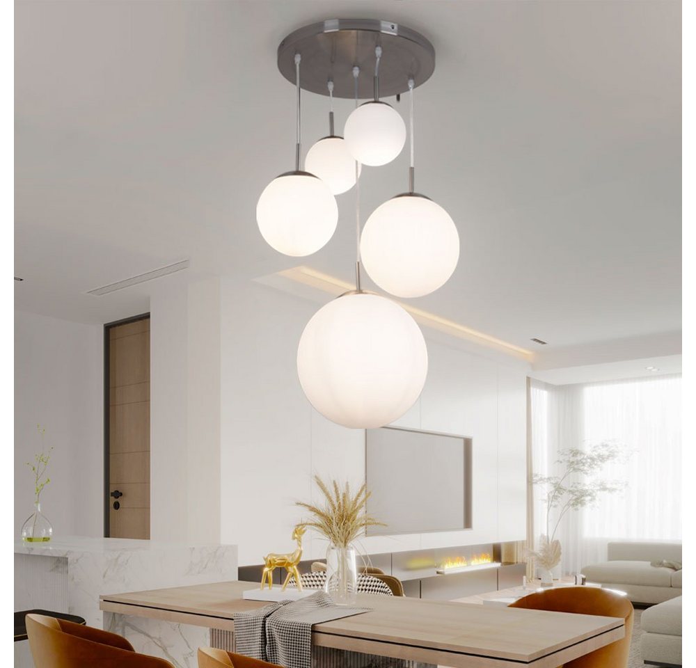 GLOBO LIGHTING Hängeleuchte, Leuchtmittel nicht inklusive, Hängeleuchte Wohnzimmerlampe 5-flammig Glas Schirm Kugel silber H 90cm – Bild 4 von 5