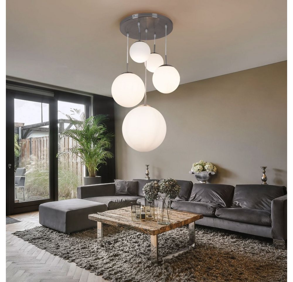 GLOBO LIGHTING Hängeleuchte, Leuchtmittel nicht inklusive, Hängeleuchte Wohnzimmerlampe 5-flammig Glas Schirm Kugel silber H 90cm – Bild 5 von 5
