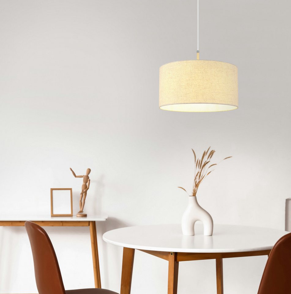 GLOBO LIGHTING Hängeleuchte DELEON, Leuchtmittel wechselbar, Hängeleuchte sandfarben matt mit Creme-Textilschirm, kürzbar – Bild 2 von 5