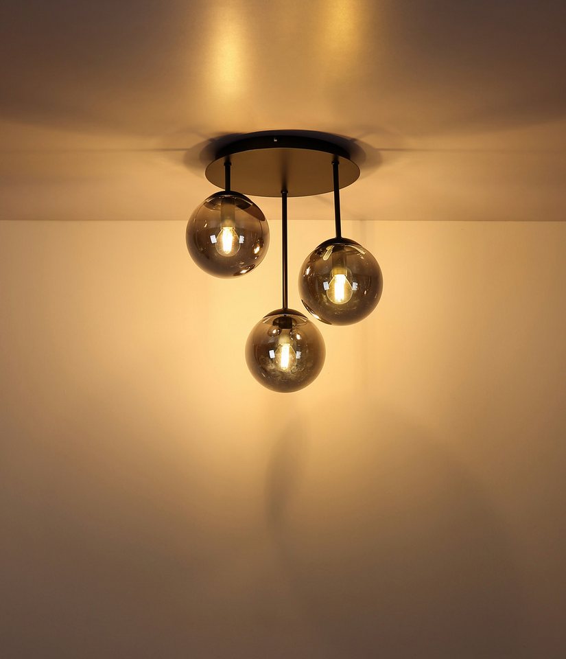 GLOBO LIGHTING Kugelleuchte, Leuchtmittel nicht inklusive, Deckenleuchte Metall Glas schwarz 3-flammig Rauchoptik E14 H – Bild 2 von 5