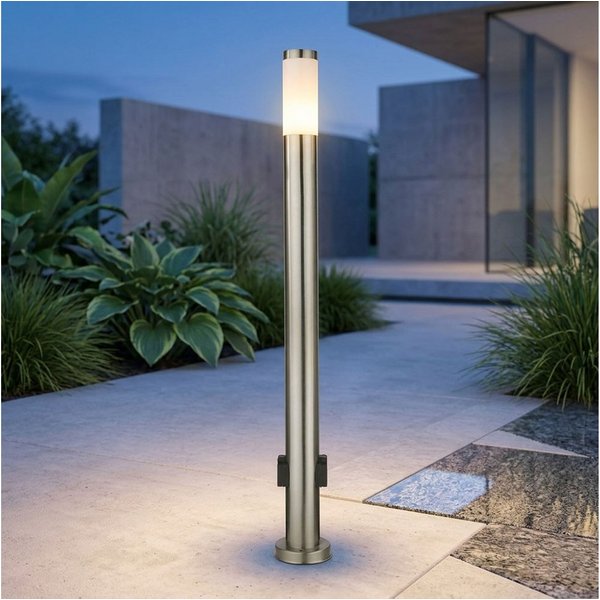 GLOBO LIGHTING LED Außen-Stehlampe, Leuchtmittel inklusive, Warmweiß, Außenleuchte Stehlampe Pollerleuchte LED Steckdosen Edelstahl opal