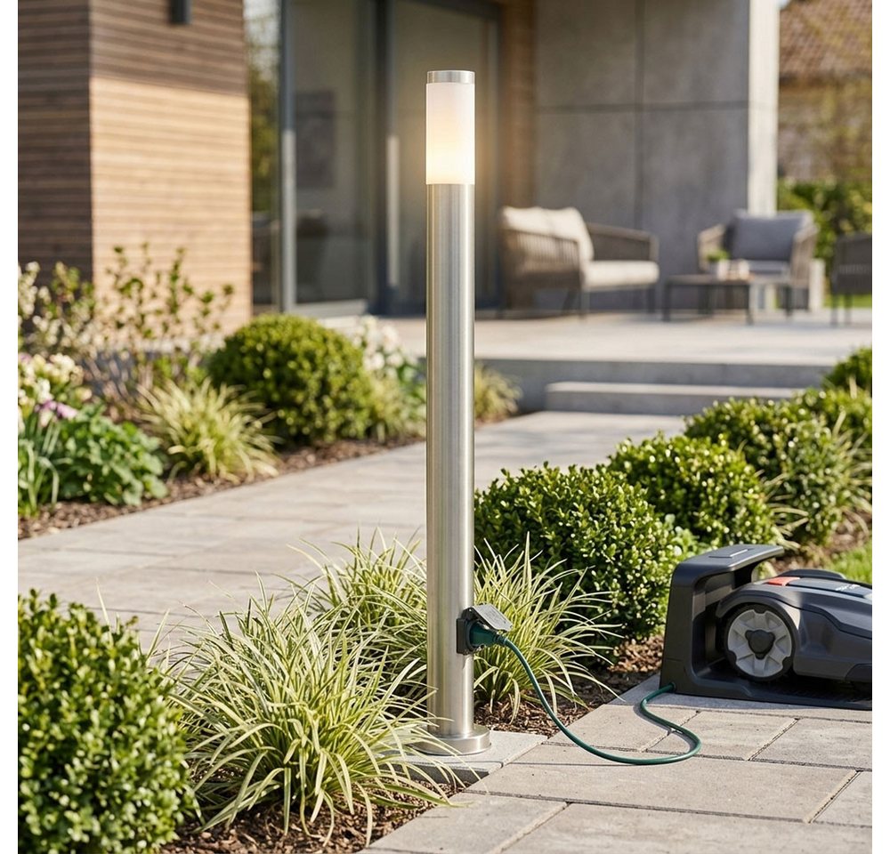 GLOBO LIGHTING LED Außen-Stehlampe, Leuchtmittel inklusive, Warmweiß, Außenleuchte Stehlampe Pollerleuchte LED Steckdosen Edelstahl opal – Bild 3 von 5