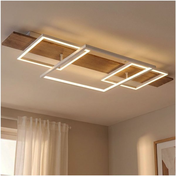GLOBO LIGHTING LED Deckenleuchte, LED-Leuchtmittel fest verbaut, Warmweiß, LED Deckenleuchte Metall Holzoptik weiß Dimmbar Memoryfunktion L 95 cm