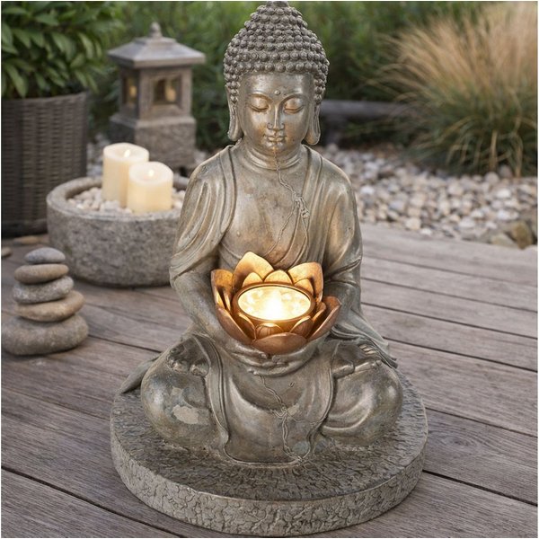 GLOBO LIGHTING LED Dekofigur, LED-Leuchtmittel fest verbaut, Warmweiß, LED Solarlampe Lampe Leuchte beleuchtete Skulptur Buddha Kunststoff